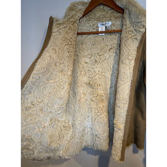 Y2K Boho Faux Shearling Suede Tan Zip-Up Cozy Curly Fleece Lining Jacket PL - Picture 6 of 8